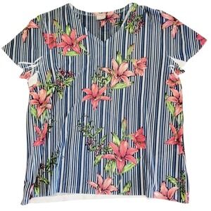 Chico's 3 Short Sleeve Top Blue White‎ Vertical Stripe Amaryllis Flower